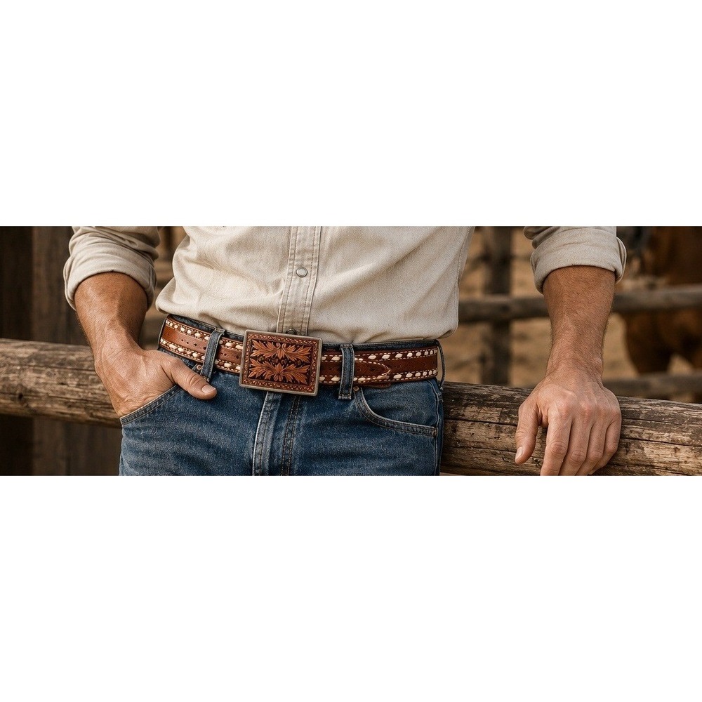 Circle Y Tooled Leather Western Belt Engraved Buckle Brown Size 38